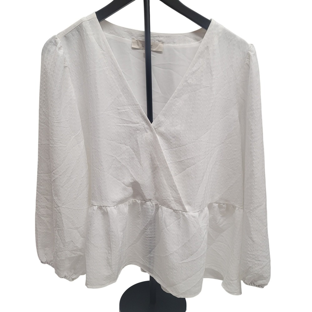 LOFT White Textured Peplum V‎ Neck Long Sleeve Blouse Top Womens Size L